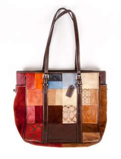 AUTH COACH MULTI PATCHWORK Canvas Leather Suede Handbag Purse Bag Tote 