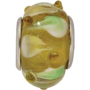 A Bead At A Time 14x8mm Glass Bead w/Silver Amber w/Green 