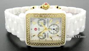 New Michele Deco White Ceramic Gold Chronograph Diamond MOP Watch 