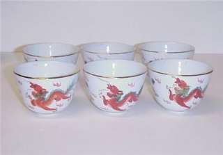 CHINESE PORCELAIN TEA CUPS SET 6 DRAGONS  