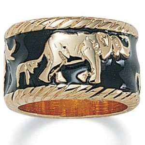    Plated and Black Enamel Elephant Caravan Eternity Band Ring Jewelry