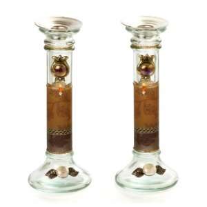 Glass Shabbat Candlesticks with Brown Leaves and 