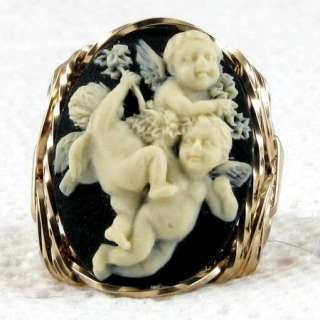 Baby Angel Cherubs Cameo Ring 14K Rolled Gold  