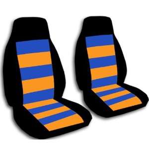  2 black car seat covers with orange and blue stripes, for 