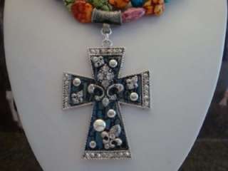 Western Rodeo Cowgirl Chunky Turquoise Necklace & Cross Pendant Set 
