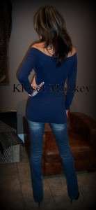 OFF THE SHOULDER VERY SEXY NAVY BLUE SLIMMING SWEATER TUNIC TOP SMALL 