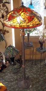   Red Beige Art Glass Dragon Fly Floor Lamp Original Artisan 22 SHADE