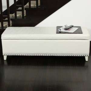   Bonded Leather Quilted Storage Ottoman Bench in White