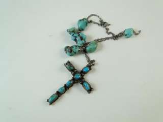 Vintage Sterling Silver Turquoise Cross Crucifix Chain Stone 