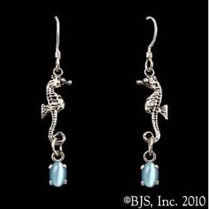 Seahorse Earrings with Gem, Sterling Silver, Light Blue set gemstone 