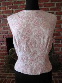 PINK BEADED VINTAGE 50s SILK FAILLE TOP BLOUSE~L/XL  