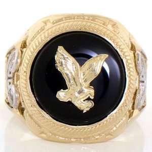    14K Solid Gold Two Tone Onyx Eagle CZ Stone Mens Ring Jewelry