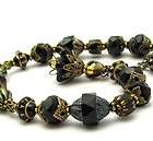 Bracelet Flower Charm Black Glass Beads Antiqued Golden Cathedral 