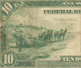 LARGE 1914 $10 DOLLAR BILL FEDERAL RESERVE NOTE OLD PAPER MONEY Fr 