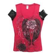 Junior’s Plus Graphic Tee Roses Lace Cut Out Shoulders Magnolia Red 