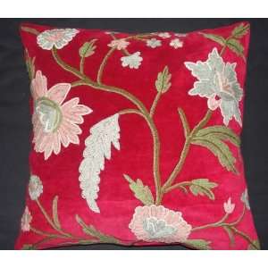  Crewel Pillow Daisy Red Cotton Velvet (20X20)