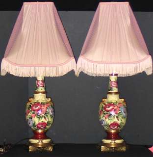 VINTAGE FLORAL HP MORNING GLORY LAMPS PINK LACE SHADES  