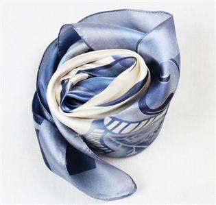 New Blue Square 35 Silk Scarf Kerchief Flowers Leaves  