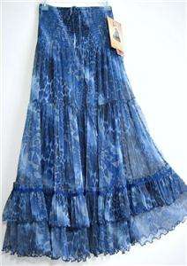 New Long Maxi Victorian Royal Blue Print Peasant Boho Tiered Dress 