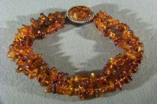   RARE 2 STRAND STERLING SILVER FANCY CLASP AMBER BOLD NECKLACE