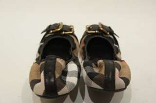 BURBERRY CHECK CANVAS BUCKLED FLAT BALLERINA SHOES 40/9 $325  