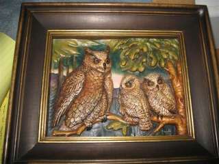 Anri Wood Framed Carving Owl with Babies AMAZING Detail  