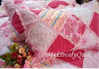 Chic Pink & Red Ruffled Patchwork BEDSPREAD Quilt 3pc Set KING (w 