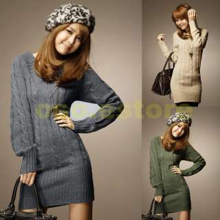   Long Sleeve Lantern Sleeve Sweater Long Tops Mini Dress #D6806  