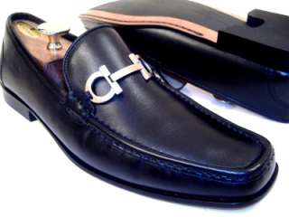   Ferragamo Mens Black Dress Shoes Silver Gancini Bit Loafers 11 D