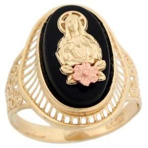   Tone Gold Jesus Rose Gold Flower Religious Filigree Onyx Ring Jewelry