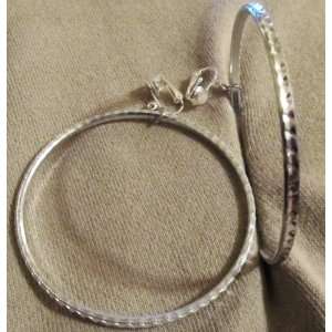   Silver  Diamond Cut   Clip On   Hooped Earrings 2.5 