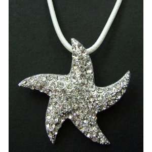  Crystal Quartz Inlaid Alloy Metal Starfish Pendant Necklace 