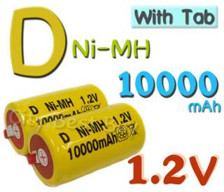 Size D Yellow 10000mAh Ni MH 1.2V Volt Rechargeable Battery With Tab 