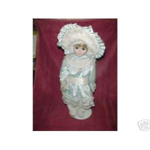  Porcelain & Cloth Doll in Blue & White Dress Everything 