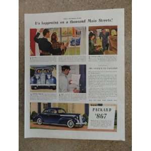 1940 Packard car, Vintage 40s full page print ad. Illustration (blue 