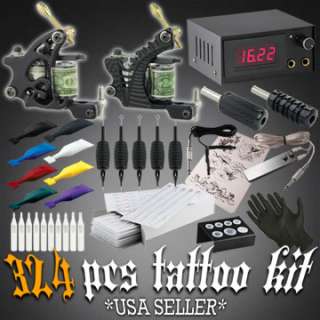 New Complete Tattoo Kit 2 Machine Set Power Supply 8 Color Inkshot 