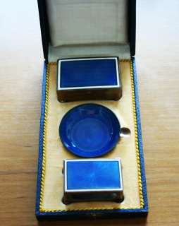 ANTIQUE UNUSED RARE GUILLOCHE ENAMEL TRAVEL SET SNUFF BOX ASHTRAY 