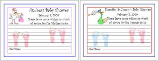 BABY SHOWER Stork Twins Boy Girl Wish Advice Cards Personalized Party 