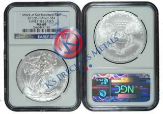 2012 (S) American Silver Eagle $1 NGC MS69 MS 69 Early Releases (Blue 