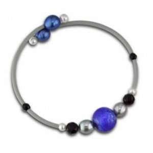   Blue Fresh Water Cultured Pearl and Onyx Rubber Bracelet with Glass