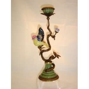   Hand painted Porcelain Lovebird w/ Brass Candleholder