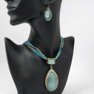   BLUE ALLOY STONE CRYSTAL EARRINGS NECKLACE PENDANT CHAIN SETS  