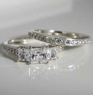 52 CTW PRINCESS CUT 3 STONE WEDDING RING SET WITH ACCENTS SOLID 14K 