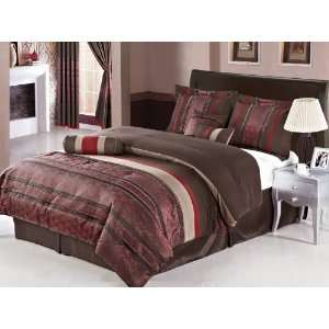   7Pcs Queen Burgundy and Coffee Jacquard Comforter Set