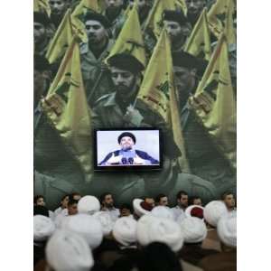  Shiite Cleric Men Listen to Hezbollah Leader Sheik Hassan Nasrallah 
