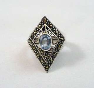 Art Deco Aquamarine & Marcasite Sterling Silver ring Size 8  