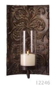 TUSCAN EMBOSSED METAL & GLASS WALL SCONCE CANDLE HOLDER 784185122466 