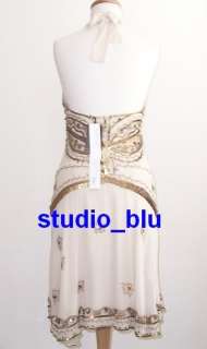 TEMPERLEY Ivory Silk Gold Sequin Halter Dress 6 8  