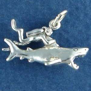    .925 Sterling Silver Scuba Diver with Shark Charm 