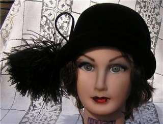 Vtg Womens Hat Elegance Imported Fur Feather Plume Brooch Cloche 
